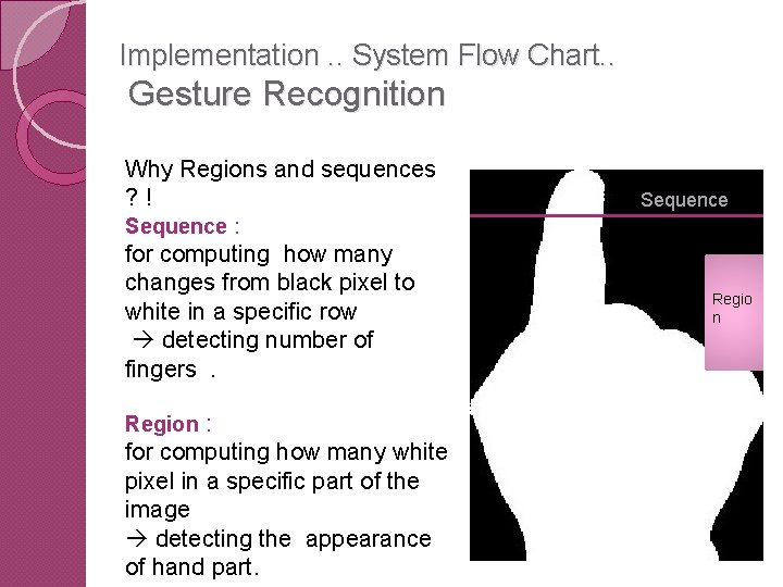 Implementation. . System Flow Chart. . Gesture Recognition Why Regions and sequences ? !