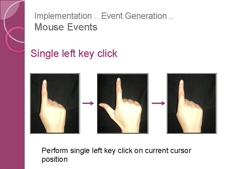 Implementation. . Event Generation. . Mouse Events Single left key click Perform single left