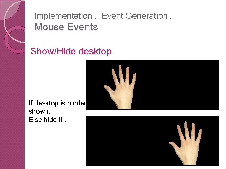 Implementation. . Event Generation. . Mouse Events Show/Hide desktop If desktop is hidden show