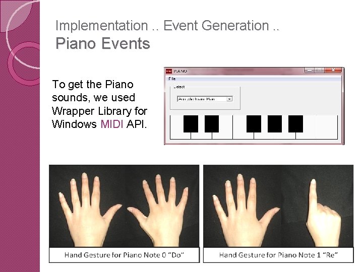 Implementation. . Event Generation. . Piano Events To get the Piano sounds, we used