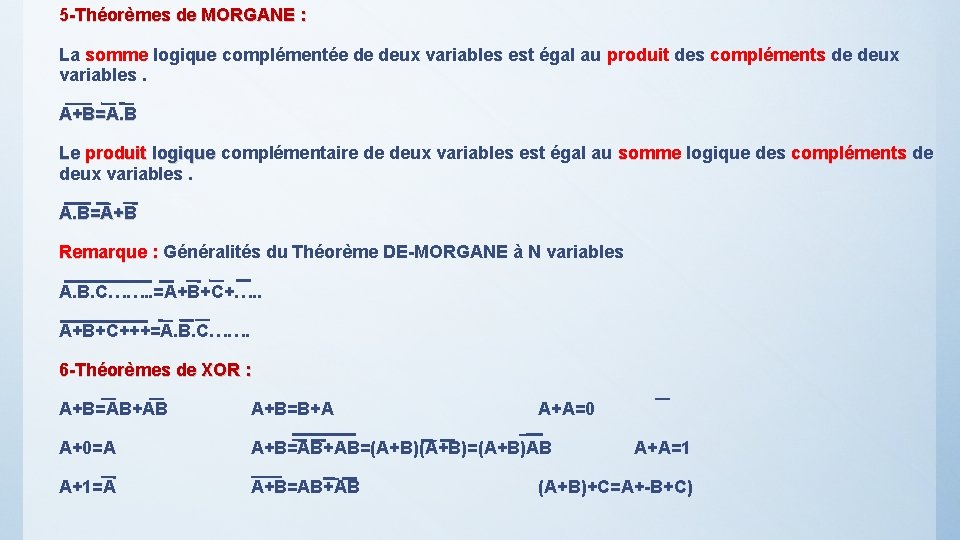 5 -Théorèmes de MORGANE : La somme logique complémentée de deux variables est égal