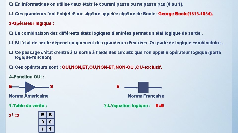 q En informatique on utilise deux états le courant passe ou ne passe pas