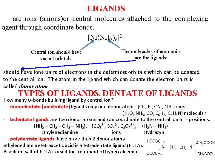 LIGANDS are ions (anions)or neutral molecules attached to the complexing agent through coordinate bonds.