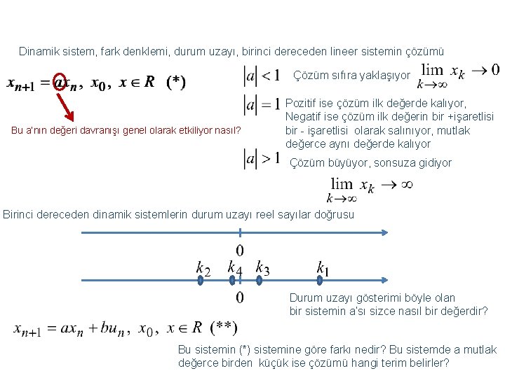Dinamik sistem, fark denklemi, durum uzayı, birinci dereceden lineer sistemin çözümü Çözüm sıfıra yaklaşıyor