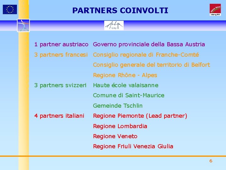 PARTNERS COINVOLTI 1 partner austriaco Governo provinciale della Bassa Austria 3 partners francesi Consiglio