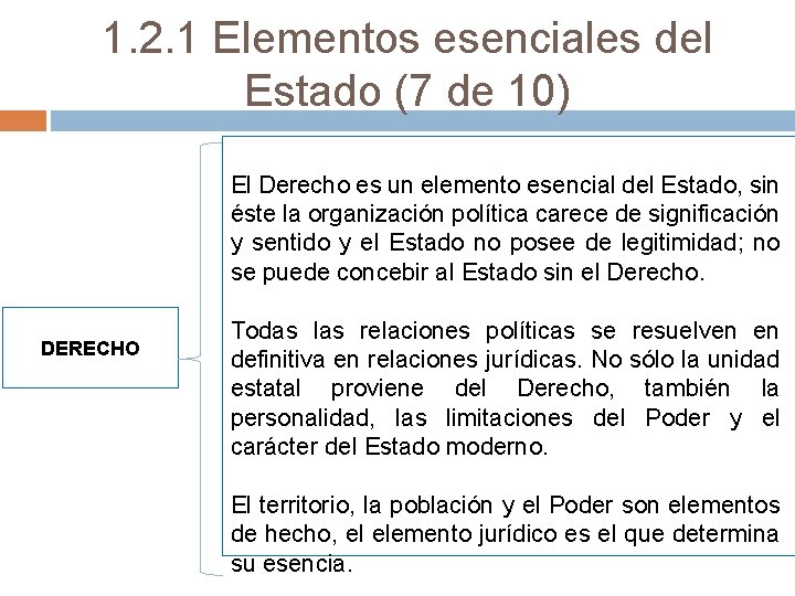 1. 2. 1 Elementos esenciales del Estado (7 de 10) El Derecho es un