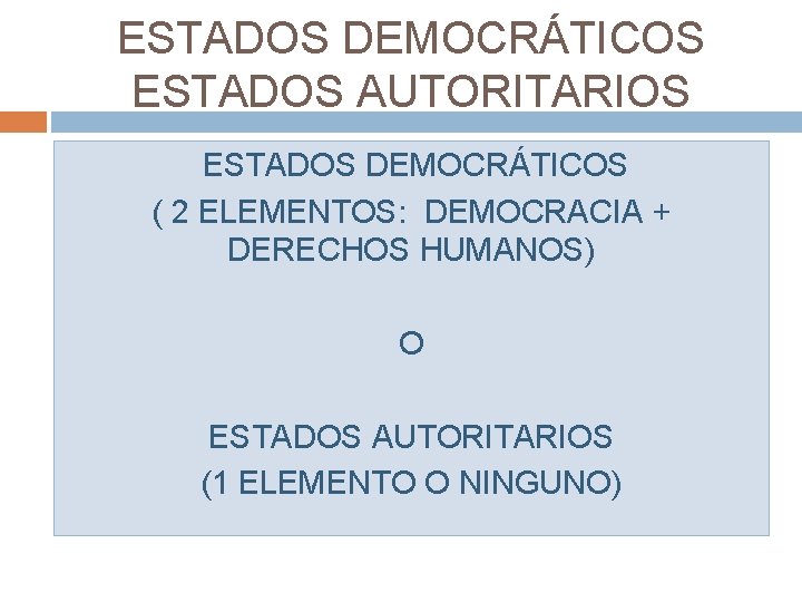 ESTADOS DEMOCRÁTICOS ESTADOS AUTORITARIOS ESTADOS DEMOCRÁTICOS ( 2 ELEMENTOS: DEMOCRACIA + DERECHOS HUMANOS) O