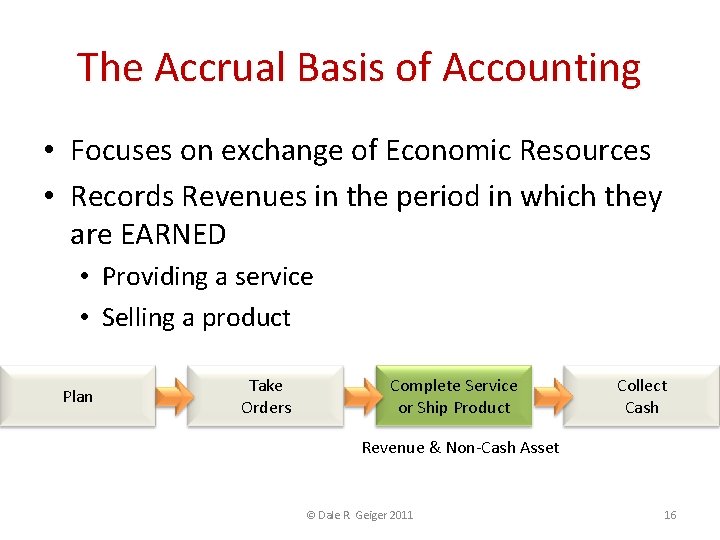 The Accrual Basis of Accounting • Focuses on exchange of Economic Resources • Records