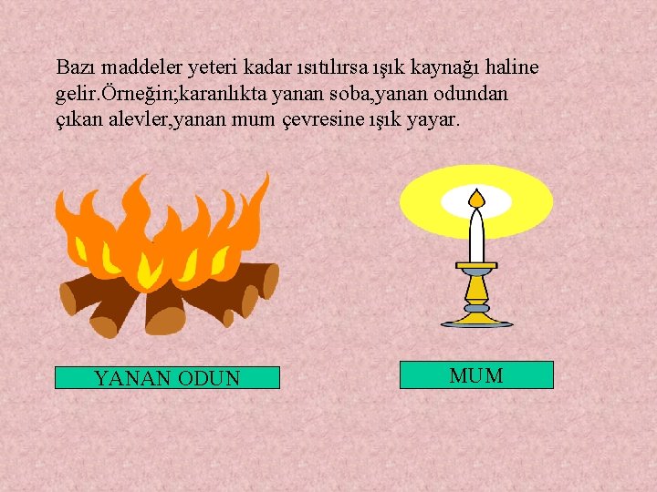 Bazı maddeler yeteri kadar ısıtılırsa ışık kaynağı haline gelir. Örneğin; karanlıkta yanan soba, yanan