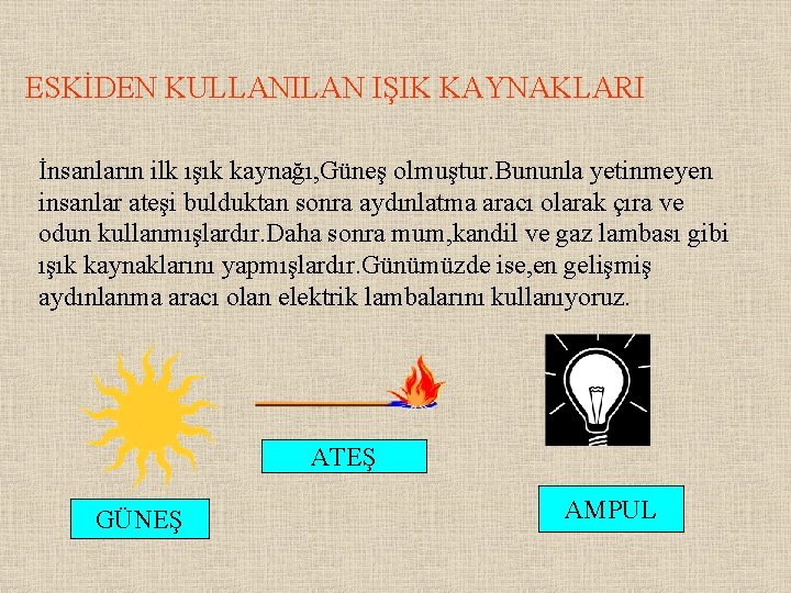 ESKİDEN KULLANILAN IŞIK KAYNAKLARI İnsanların ilk ışık kaynağı, Güneş olmuştur. Bununla yetinmeyen insanlar ateşi