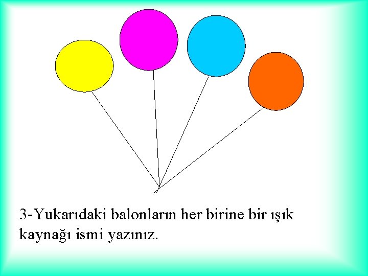 3 -Yukarıdaki balonların her birine bir ışık kaynağı ismi yazınız. 
