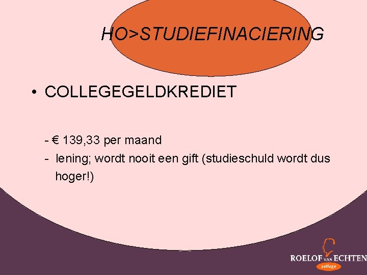 HO>STUDIEFINACIERING • COLLEGEGELDKREDIET - € 139, 33 per maand - lening; wordt nooit een