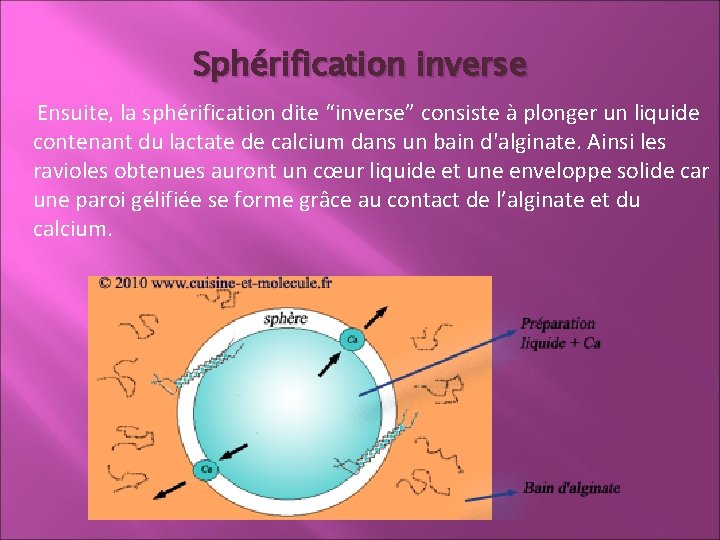 Sphérification inverse Ensuite, la sphérification dite “inverse” consiste à plonger un liquide contenant du Sphérification inverse Ensuite, la sphérification dite “inverse” consiste à plonger un liquide contenant du
