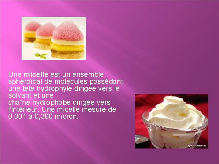 Une micelle est un ensemble sphéroïdal de molécules possédant une tête hydrophyle dirigée vers Une micelle est un ensemble sphéroïdal de molécules possédant une tête hydrophyle dirigée vers