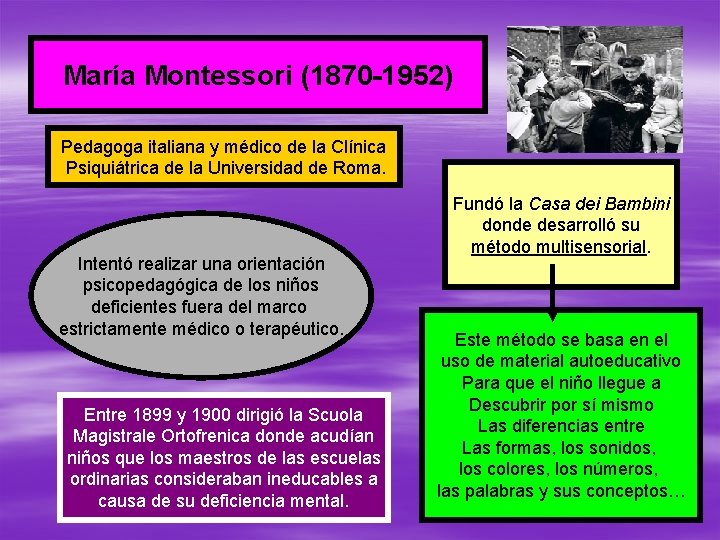 María Montessori (1870 -1952) Pedagoga italiana y médico de la Clínica Psiquiátrica de la