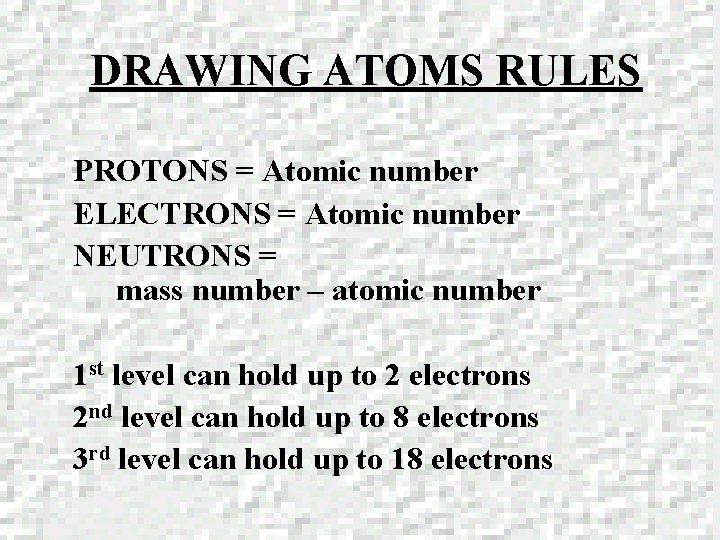 DRAWING ATOMS RULES PROTONS = Atomic number ELECTRONS = Atomic number NEUTRONS = mass