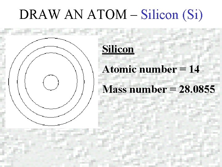 DRAW AN ATOM – Silicon (Si) Silicon Atomic number = 14 Mass number =