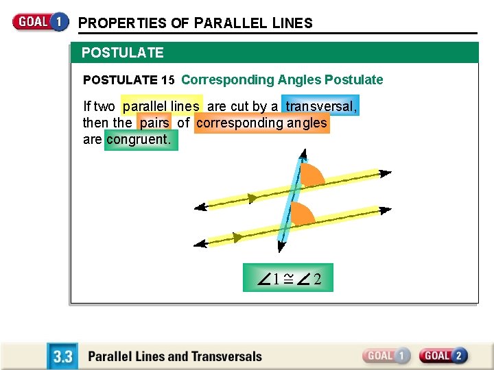 PROPERTIES OF PARALLEL LINES POSTULATE 15 Corresponding Angles Postulate If two parallel lines are