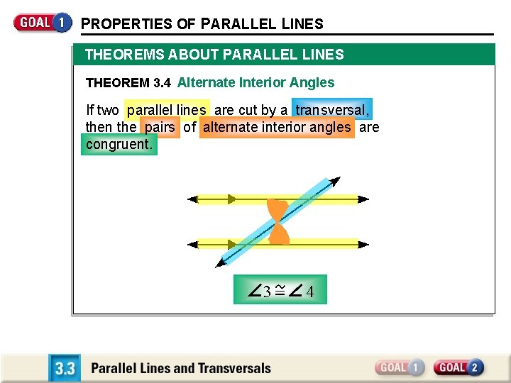 PROPERTIES OF PARALLEL LINES THEOREMS ABOUT PARALLEL LINES THEOREM 3. 4 Alternate Interior Angles