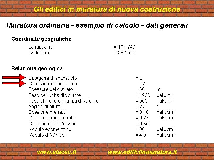 Gli edifici in muratura di nuova costruzione Muratura ordinaria - esempio di calcolo -