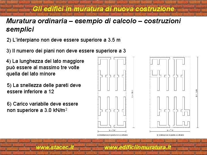 Gli edifici in muratura di nuova costruzione Muratura ordinaria – esempio di calcolo –