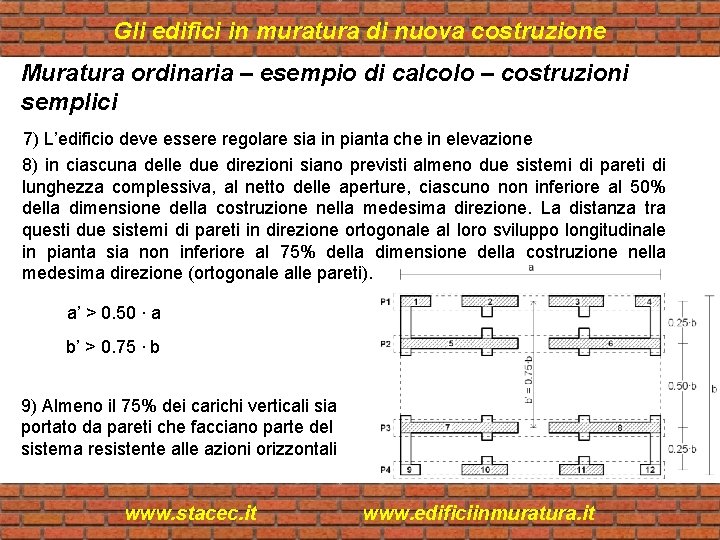Gli edifici in muratura di nuova costruzione Muratura ordinaria – esempio di calcolo –