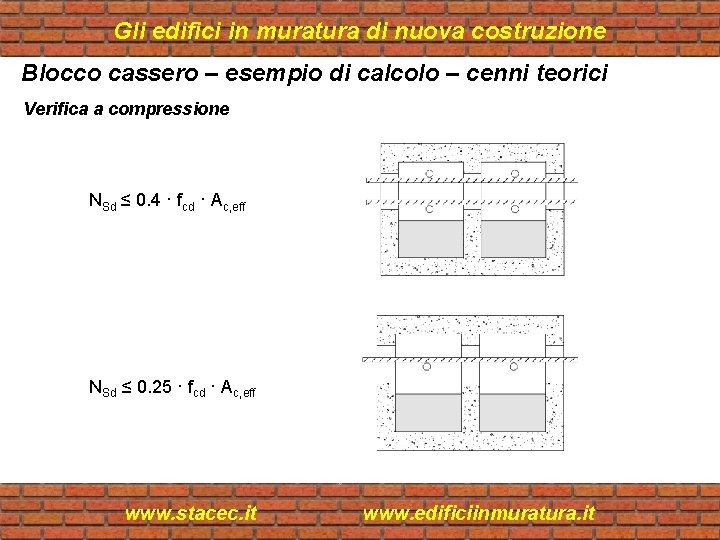 Gli edifici in muratura di nuova costruzione Blocco cassero – esempio di calcolo –