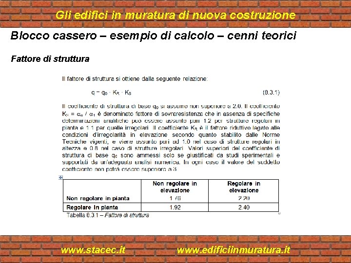 Gli edifici in muratura di nuova costruzione Blocco cassero – esempio di calcolo –