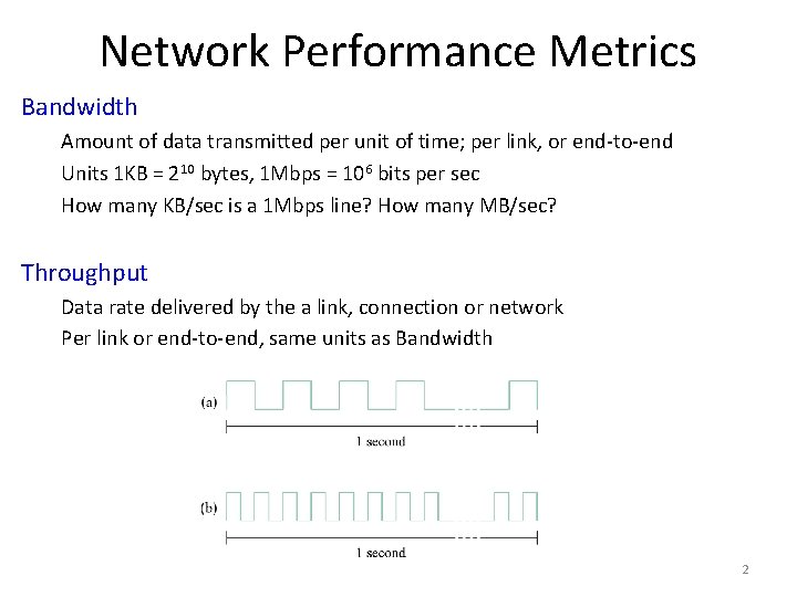 Network Performance Metrics Bandwidth Amount of data transmitted per unit of time; per link,