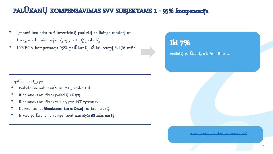 PALŪKANŲ KOMPENSAVIMAS SVV SUBJEKTAMS 1 - 95% kompensacija • Įmonė ima arba turi investicinę