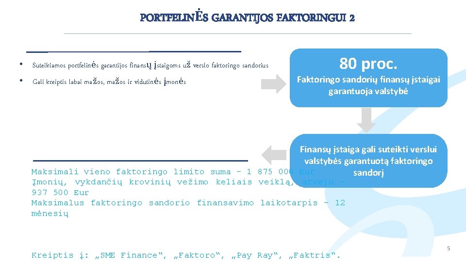 PORTFELINĖS GARANTIJOS FAKTORINGUI 2 • Suteikiamos portfelinės garantijos finansų įstaigoms už verslo faktoringo sandorius