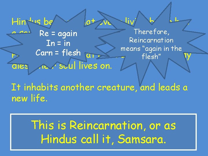 Hindus believe that every living being has Therefore, a soul. Re = again Reincarnation Hindus believe that every living being has Therefore, a soul. Re = again Reincarnation