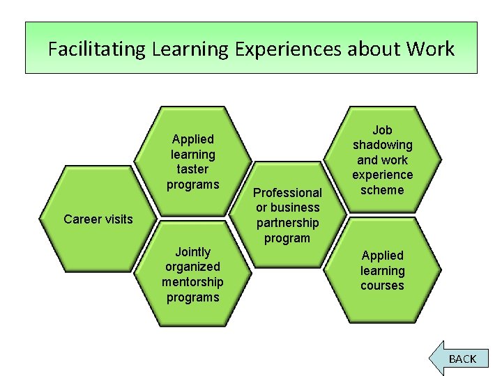 Facilitating Learning Experiences about Work Applied learning taster programs Career visits Jointly organized mentorship