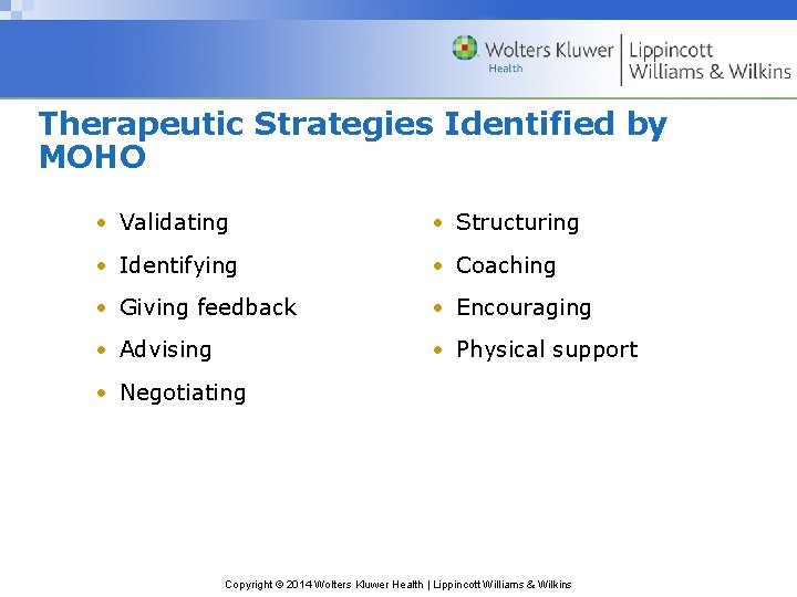 Therapeutic Strategies Identified by MOHO • Validating • Structuring • Identifying • Coaching •