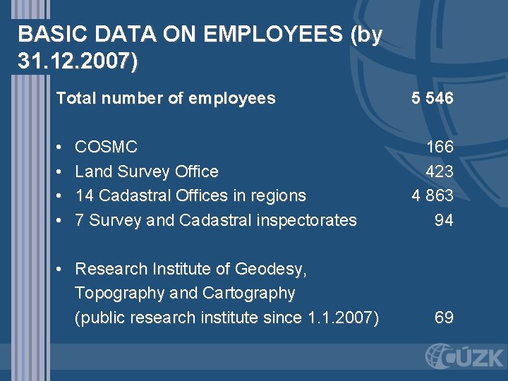 BASIC DATA ON EMPLOYEES (by 31. 12. 2007) Total number of employees 5 546