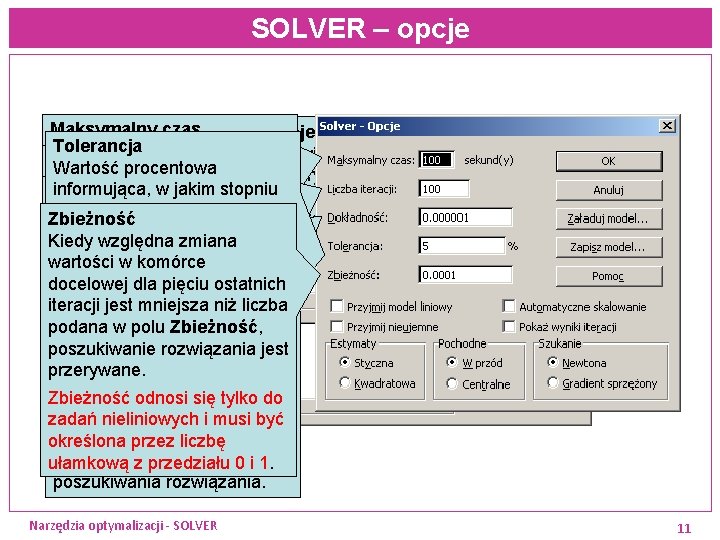 SOLVER – opcje Maksymalny czas Opcje Tolerancja Ogranicza czas poszukiwania Wyświetla okno dialogowe Solver