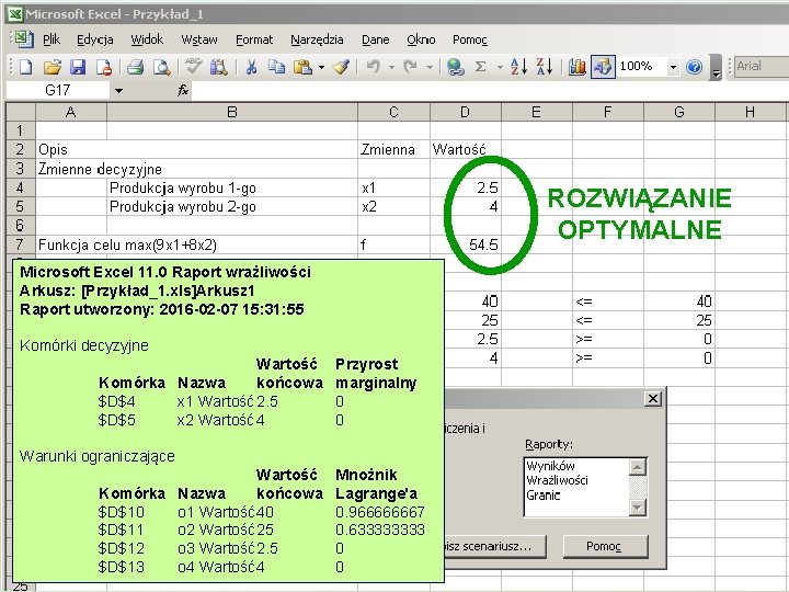 ROZWIĄZANIE OPTYMALNE Microsoft Excel 11. 0 Raport wrażliwości Arkusz: [Przykład_1. xls]Arkusz 1 Raport utworzony: