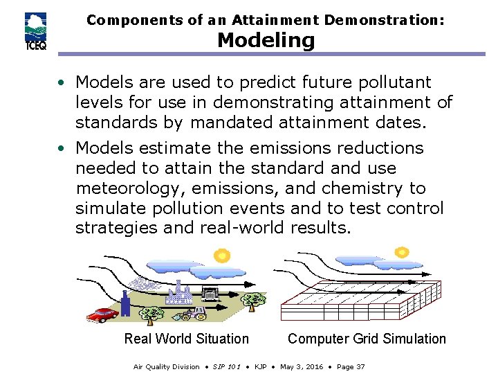 Components of an Attainment Demonstration: Modeling • Models are used to predict future pollutant