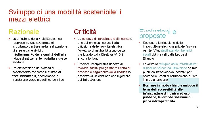 Sviluppo di una mobilità sostenibile: i mezzi elettrici Razionale Criticità • La diffusione della