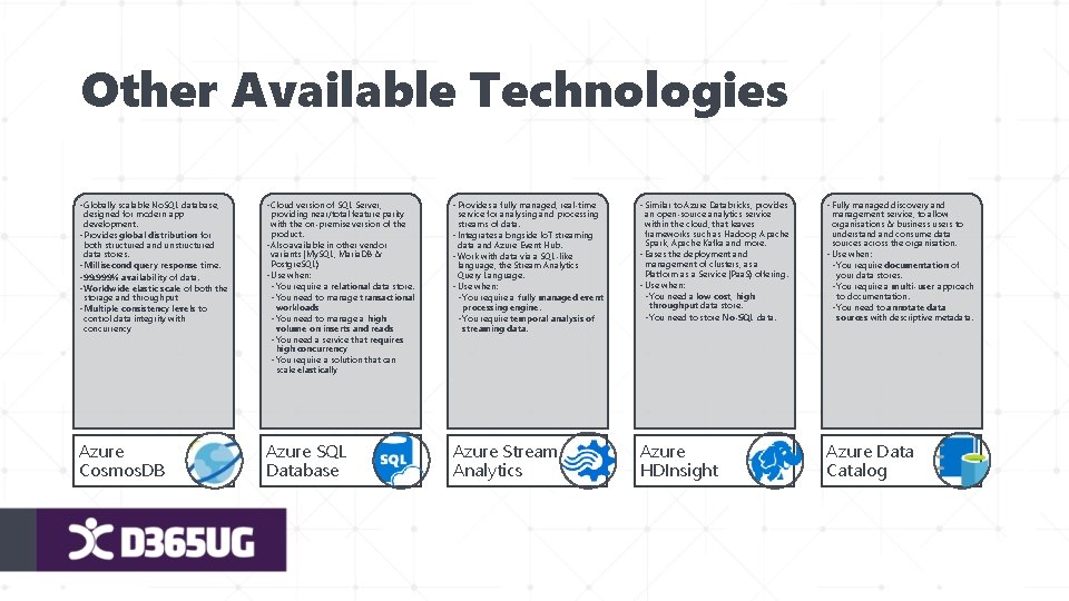 Other Available Technologies • Globally scalable No. SQL database, • Cloud version of SQL