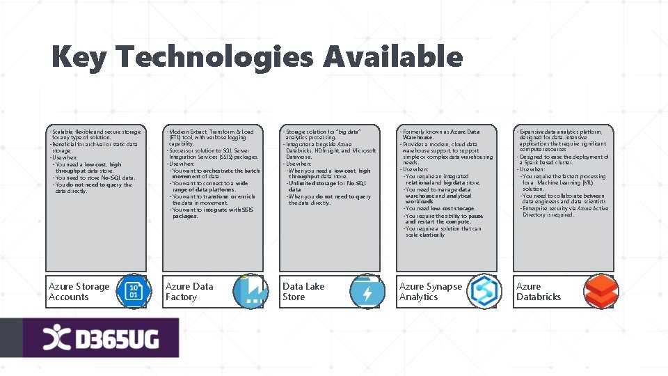 Key Technologies Available • Scalable, flexible and secure storage • Modern Extract, Transform &