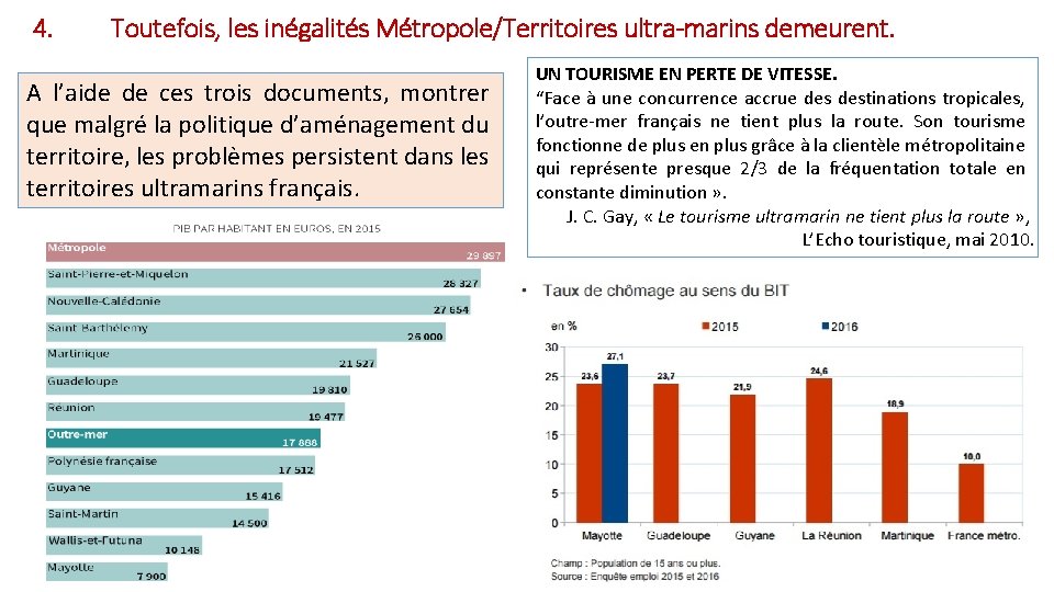 4. Toutefois, les inégalités Métropole/Territoires ultra-marins demeurent. A l’aide de ces trois documents, montrer