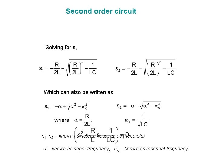 Second order circuit Solving for s, Which can also be written as where s