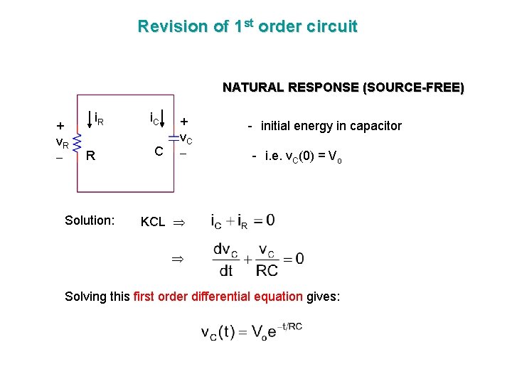 Revision of 1 st order circuit NATURAL RESPONSE (SOURCE-FREE) + v. R i. R