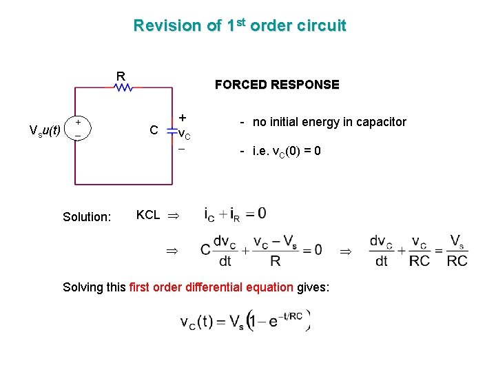 Revision of 1 st order circuit R Vsu(t) + Solution: FORCED RESPONSE + v.