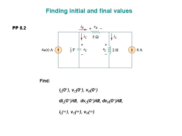 Finding initial and final values PP 8. 2 Find: i. L(0+), v. C(0+), v.
