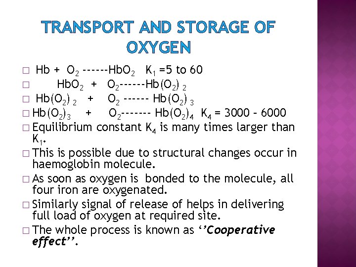 TRANSPORT AND STORAGE OF OXYGEN Hb + O 2 ------Hb. O 2 K 1