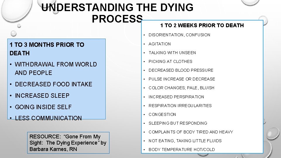 UNDERSTANDING THE DYING PROCESS 1 TO 2 WEEKS PRIOR TO DEATH • DISORIENTATION, CONFUSION