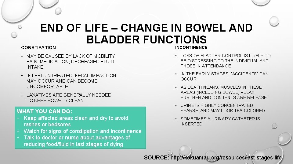 END OF LIFE – CHANGE IN BOWEL AND BLADDER FUNCTIONS CONSTIPATION INCONTINENCE • MAY