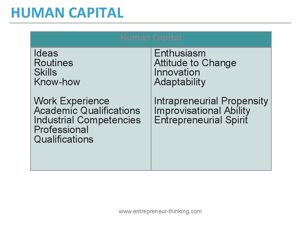 HUMAN CAPITAL Human Capital Ideas Routines Skills Know-how Enthusiasm Attitude to Change Innovation Adaptability